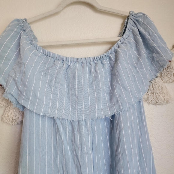 Umgee Power Blue Pinstripe Frayed Ruffle Dress Mino Boho Chic Nautical M - Picture 6 of 11
